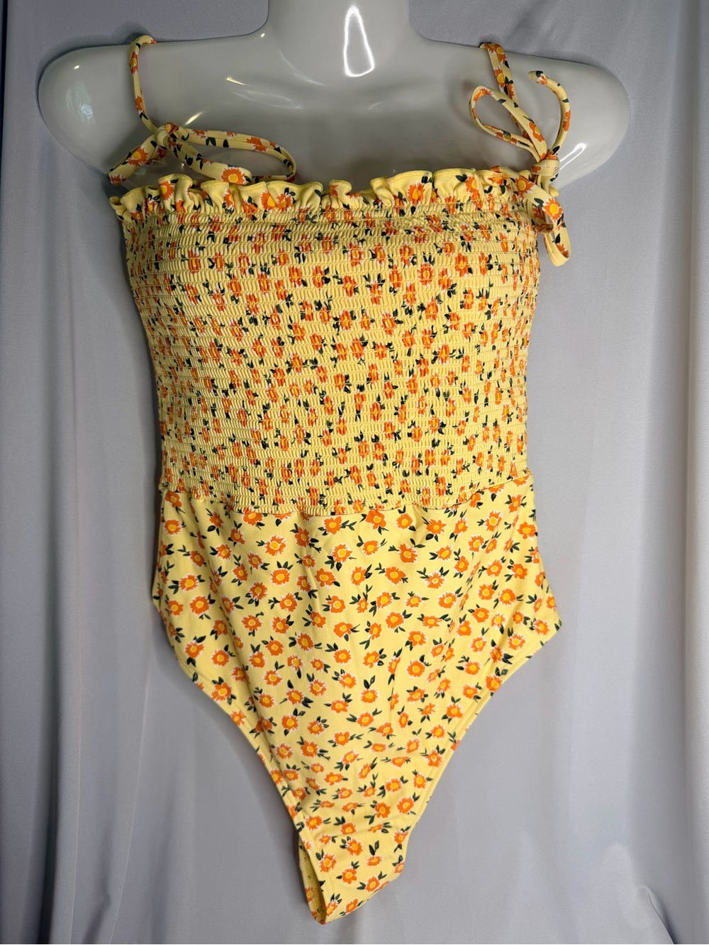Simons Yellow Floral Smocked One-Piece Swimsuit, Size Small, NWT